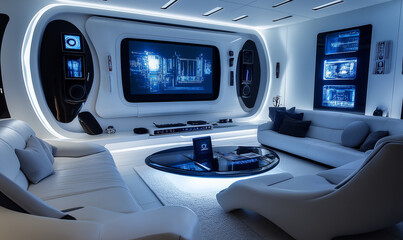 Obraz premium Smart Home Living Area with Digital Entertainment Hub – The Future of Home Comfort and Technology