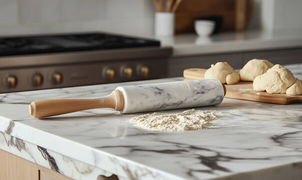 Marble Rolling Pin with Fresh Dough on Countertop &ndash; Essential Tools for Every Home Baker