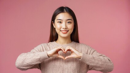 Smiling young Asian woman folds her hand in shape of heart. Beautiful female gesture confesses her sympathy or love on a pink background. Banner with copy space