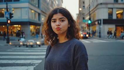 Fototapeta premium Portrait of pretty female on busy city street. University student at road with pedestrian crossing. Young woman rushes to work in morning