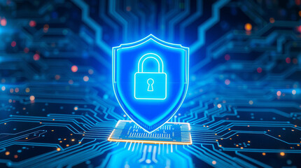 Glowing blue shield lock icon against the background of a printed circuit board in the digital security concept