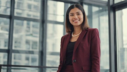Confident woman with captivating gaze posing in modern office environment. Portrait of smiling young businesswoman in burgundy jacket against background of windows of business center