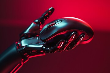 Robotic hand holding a computer mouse, symbolizing automation and digital innovation