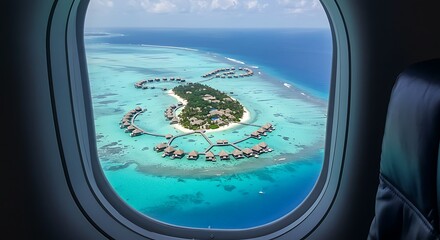 Fototapeta premium Airplane window with beautiful Maldives island view