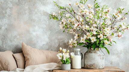   A table with flowers and milk bottles