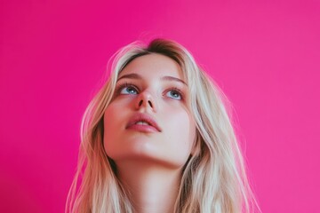 Naklejka premium Unimpressed Woman: Young Blond with Low Mood and Bored Expression Gazing Up Against a Soft Pink Backdrop