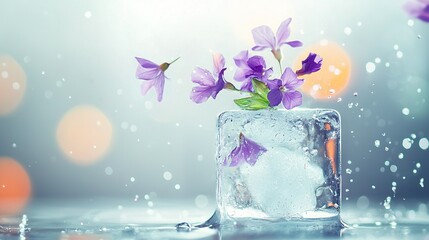   A purple flower atop an icy block with water splashing and faint bokeh lights surrounding it