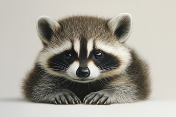 A joyful baby raccoon rests on a smooth surface, showcasing its detailed fur and playful expression in soft lighting