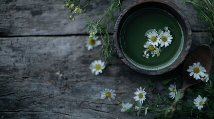 Obraz na płótnie Canvas A bowl of green liquid surrounded by daisies on a wooden table with a spoon and spoon rest