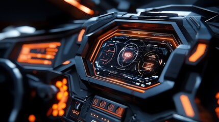 Sci-fi futuristic HUD dashboard display, representing advanced virtual reality technology in an interactive digital environment