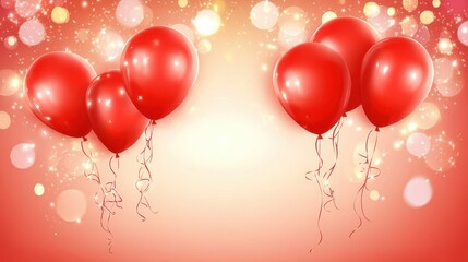 Red balloons soaring, trailing colorful ribbons against sparkling backdrop, radiating joyful celebration for party decorations, birthday festivities, event styling