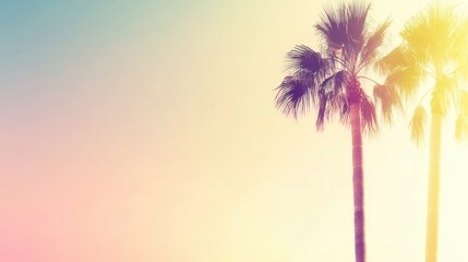 Palm trees silhouetted against pastel sunset, framing peaceful tropical landscape with warm, soft colored sky and gentle evening light