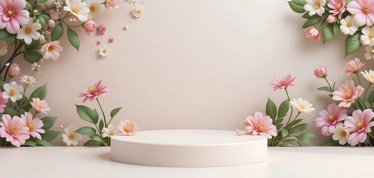 Minimalist style 3D podium with spring floral and spring leaf background 