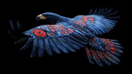 Obraz premium A stylized blue eagle in flight adorned with red patterns