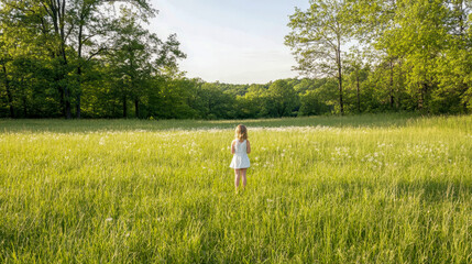 Young girl standing amid dandelion field, basking in warm sunlight with verdant trees lining distant landscape