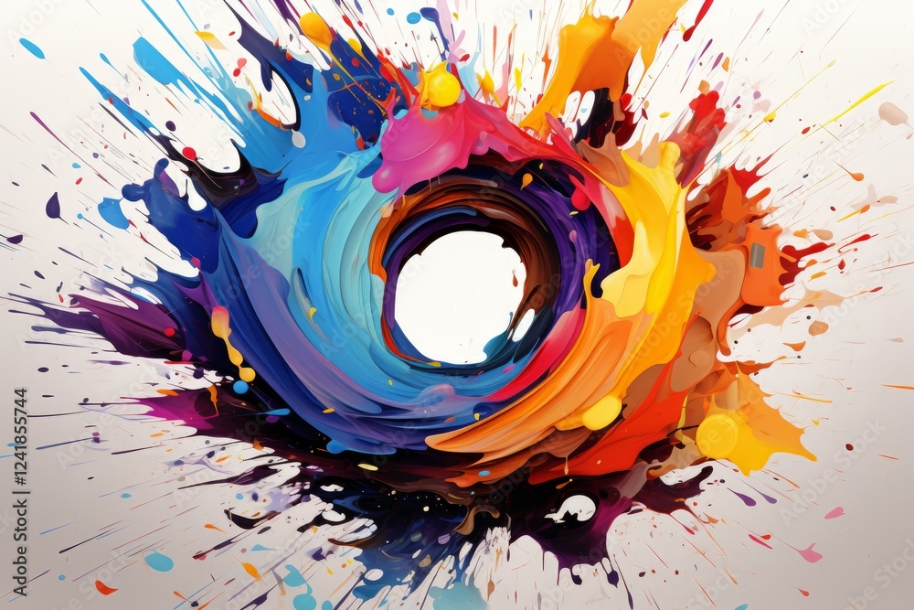 Poster swirling and exploding paint in a vibrant spectrum of colors creates a dynamic circle, offering a ca