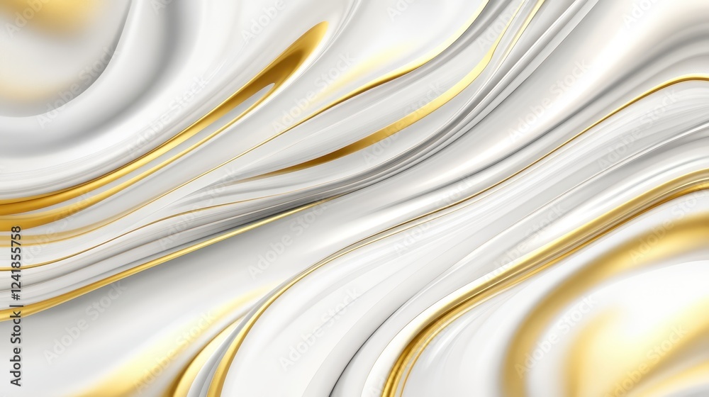 Poster luxurious white and gold abstract waves flowing dynamically, creating elegant pattern suggesting sop
