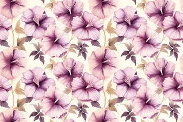 Fototapeta premium Seamless watercolor hibiscus flowers purple and beige background pattern wallpaper