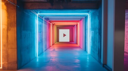 Obraz premium Neon tunnel, play button, future, abstract