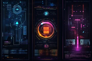 Fototapeta premium Set vertical technology banners, showcasing innovative tech elements and modern design