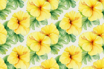 Fototapeta premium Seamless watercolor hibiscus flowers yellow and green background pattern wallpaper