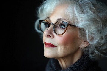 An old lady with silver hair and stylish glasses gazes thoughtfully, embodying grace and sophistication in a vibrant and modern atmosphere