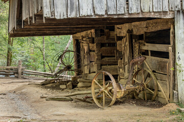 Historic barn and hay rake, Cades Cove, Great Smoky Mountains National Park, Tennessee