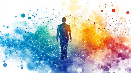 Vibrant watercolor abstract of global network and connectivity with a silhouette