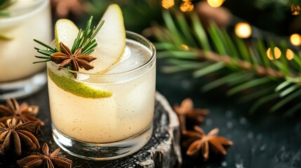   A close-up of a drink in a glass with an apple slice and an evergreen sprig