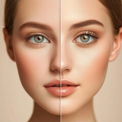 Natural beauty meets glam makeup in a creative split face portrait showcasing contrasting styles and their visual impact. Generative AI