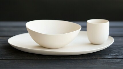 Fototapeta premium Two white bowls rest atop a white dish on a wooden table, accompanied by a cup and saucer