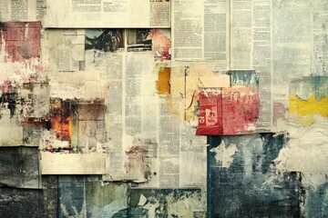 Various layers of newspaper clippings and textures combine to form an abstract background perfect for creative projects or artistic displays
