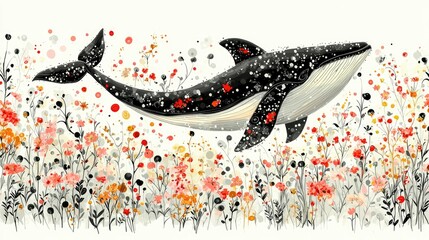 Whale Soaring Above a Field of Vibrant Flowers