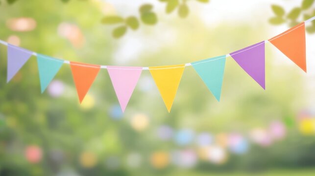 Pastel triangular bunting flags decorating sunny garden space, creating whimsical party ambiance with soft focus greenery in background