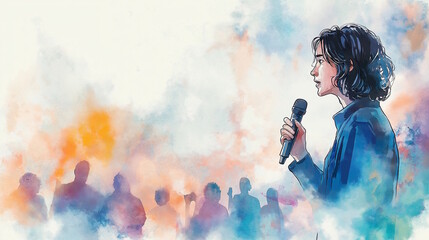 Watercolor art of public speaking scene with engaged audience and speaker