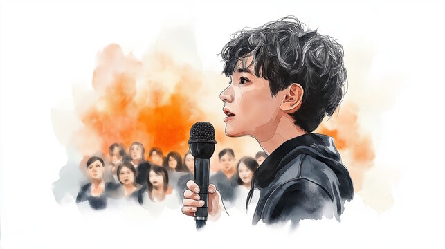 Watercolor painting of public speaking practice in front of an audience