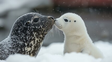 Obraz premium Two seals nuzzle in the snow. AI.