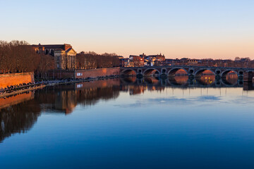 Promenade Henri-Martin and Pont Vieux Crossing the Garonne at Sunset in Toulouse, Seen from the...