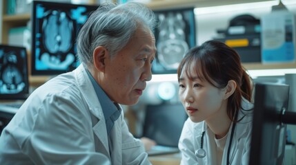 Obraz premium Female Asian scientist and male surgeon discussing MRI scan in lab, focused on brain rehab