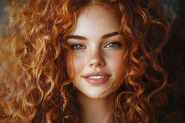 Naklejka premium Radiant Caucasian Woman Accepting Compliments: Smiling Portrait of an Attractive Young Female with Curly Hair and Natural Beauty