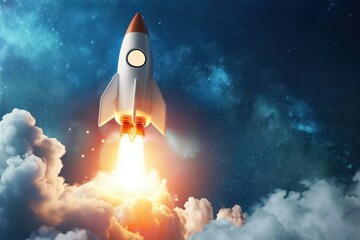 Spaceship flying through clouds and stars, beginning its mission to explore the universe