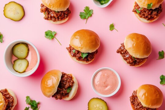 playful knolling composition featuring mini Sloppy Joe sliders neatly arranged in a grid. Each slider is made with a small, fluffy bun filled with rich, saucy beef