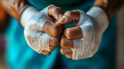 Close up of Muay Thai Boxer s Hands Wrapped in Protective Gear
