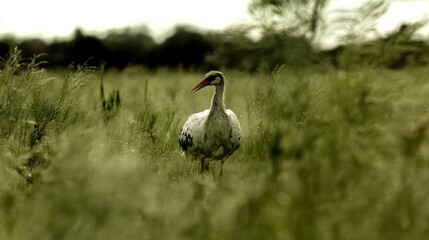 Stork standing gracefully in a lush green field during golden hour, showcasing its elegance amid nature's tranquility