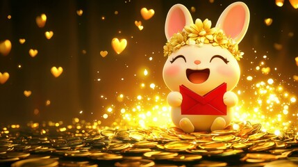 A cute bunny holding a letter surrounded by warm lights. AI.