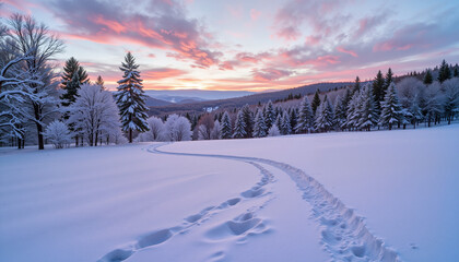 Footprints in deep snow during serene twilight, winter tranquility