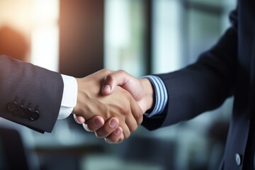 Two businessmen shaking hands after closing a deal in a bright office