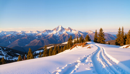 Snowy trail leading into majestic mountains at golden hour, winter adventure
