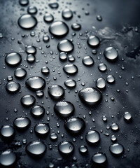 an image of numerous water droplets of varying sizes scattered across a dark, textured surface