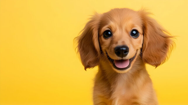 Happy puppy smiles, yellow background, pet portrait, website banner